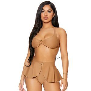 Criss Cross Bikini Top with Peplum Skirt and Bottoms Set - Mocha